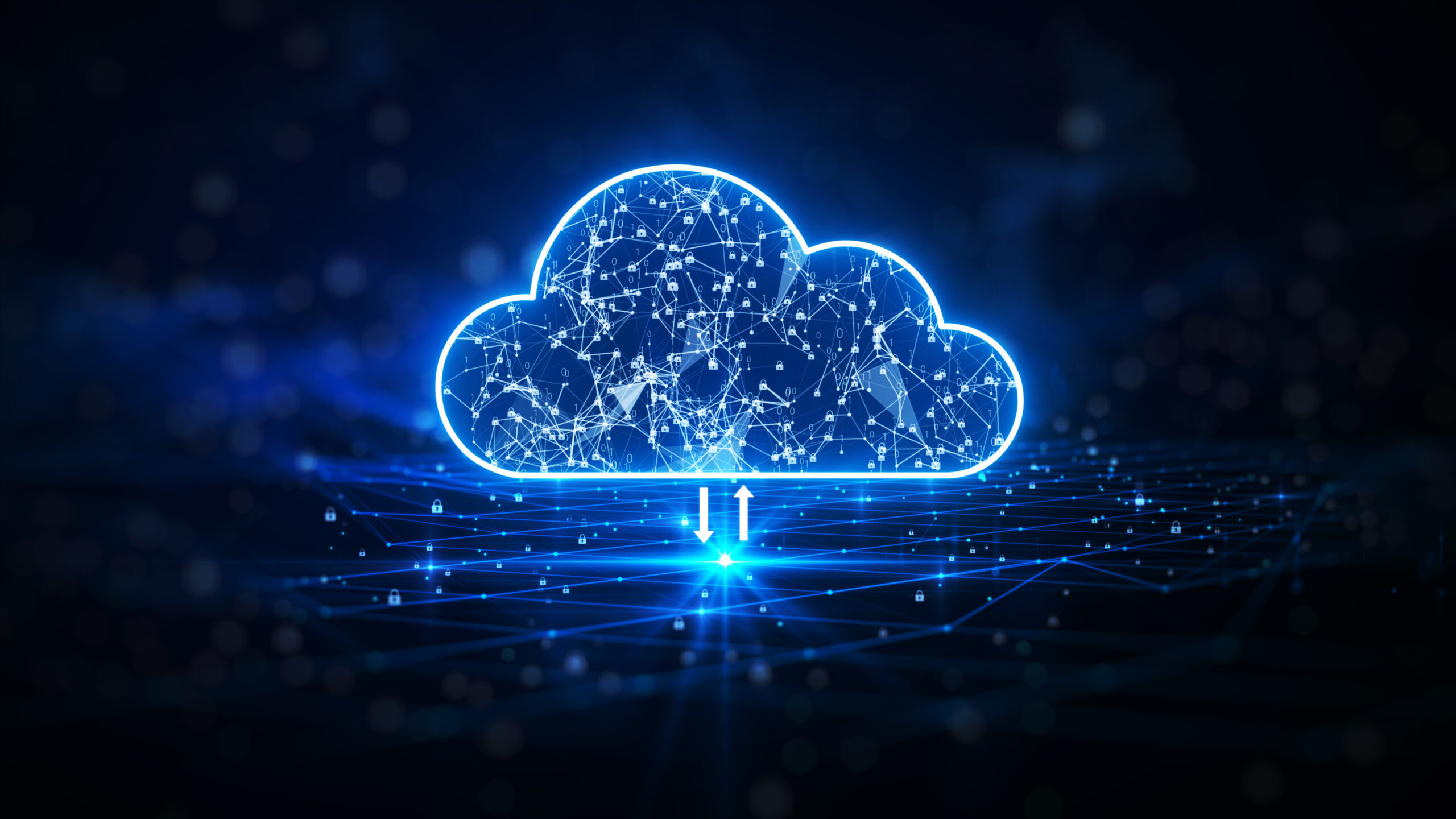 Cloud computing. The data transfer and storage concept has a cloud in the middle connected to a white polygon inside. dark blue background with a small padlock on the background.